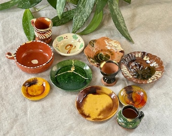Reparierte Vintage Miniature Mexikanische Keramik Set: Kintsugi Volkskunst (11 Teile)