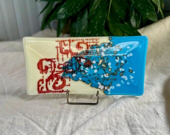 Fused Glass Art, Abstract Tray, Blue, Cream, Red, Home Decor, Artist Made