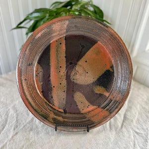 Handmade Studio Pottery Platter: Abstract Rust Brown Black Wall Hanging (12 inch)