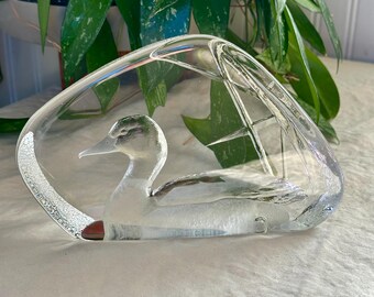 Vintage Swedish Art Glass Duck Sculpture Book End Paper Weight Mats Jonasson Signed