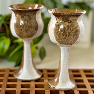 Pair of Vintage Studio Pottery Goblets/Wine Glasses, Signed, Ceramic, Brown and White