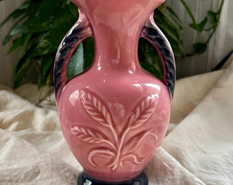Vintage 1960's Cameron Clay Pottery Pink Black Wheat Design Two Handled Vase