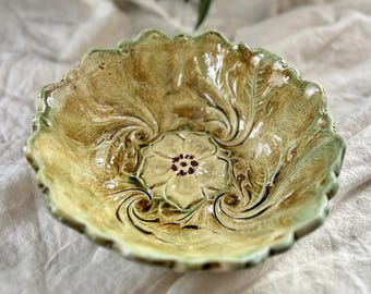 Embossed Floral Studio Pottery Bowl, Vintage Handmade Ceramic