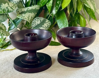 Pair of Old Rustic Dark Wood Turned Candle Holders, Vintage, Cracks, Chips