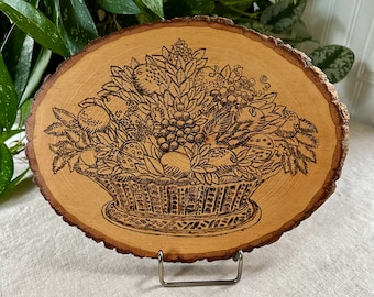 Pyrography Fruit Basket Wood Wall Plaque: Vintage Folk Art