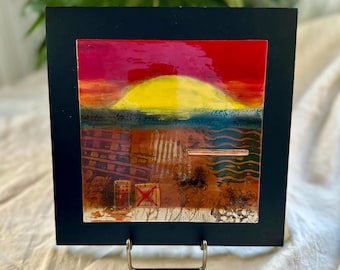 Mounted Fused Glass Art Wall Hanging, Artist Made, Abstract Landscape