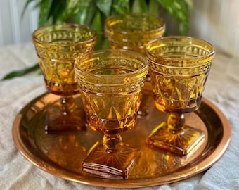 Set of 4 Colony Park Lane Small Glasses, Wine, Cordials, Amber, Square Base, Vintage