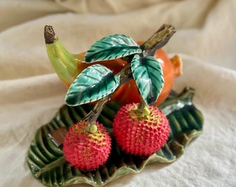 Chinese Shiwan Pottery Sculpture of Fruit on a Leaf, Lychees, Branch, Asian, Artist's Mark