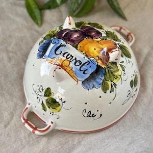Vintage italienische Keramik Sieb, Hand bemalt, Cavoli, Obst, Bassano, Italien