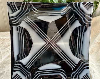 Vintage Fused Glass Square Plate, Black White Graphic Art, Artist Made Home Decor
