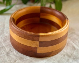 Vintage Handmade Wood Bowl, Two-Toned, Striped, Modern Design