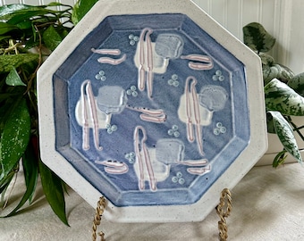 Vintage große Cunningham Keramik Teller/Servierplatte/Wandbehang, abstrakt, Studio Keramik, handgefertigt, achteckig