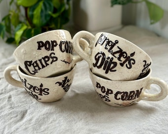 Vintage Hand Painted Ceramic Snack Bowls Cups Kitsch Popcorn Chips Pretzels Nuts 1980s