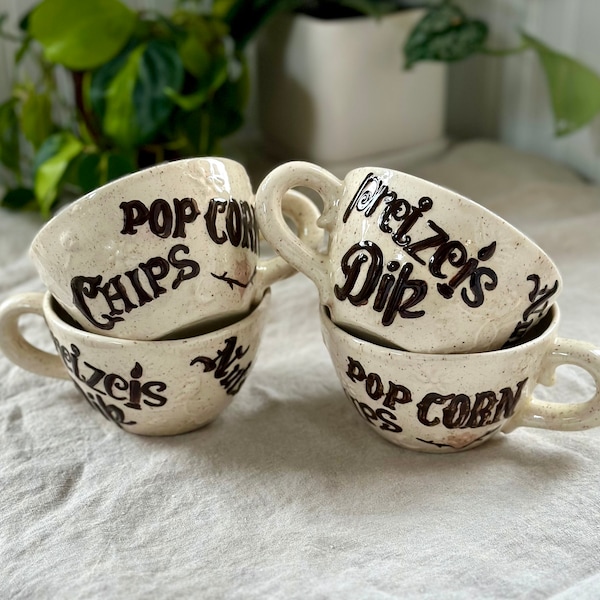 Vintage Hand Painted Ceramic Snack Bowls Cups Kitsch Popcorn Chips Pretzels Nuts 1980s