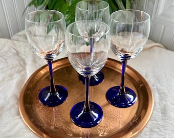 Copas de vino vintage Cristal D'Arques Neptune, tallos azul cobalto, juego de 4