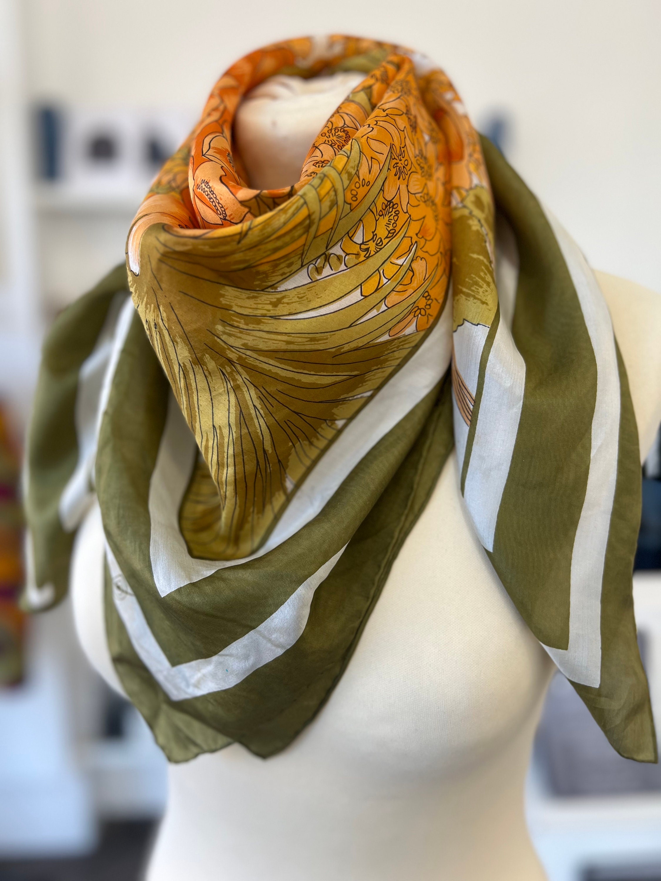 Delicate Vintage Olive Green and Orange Sheer Silk Floral Head