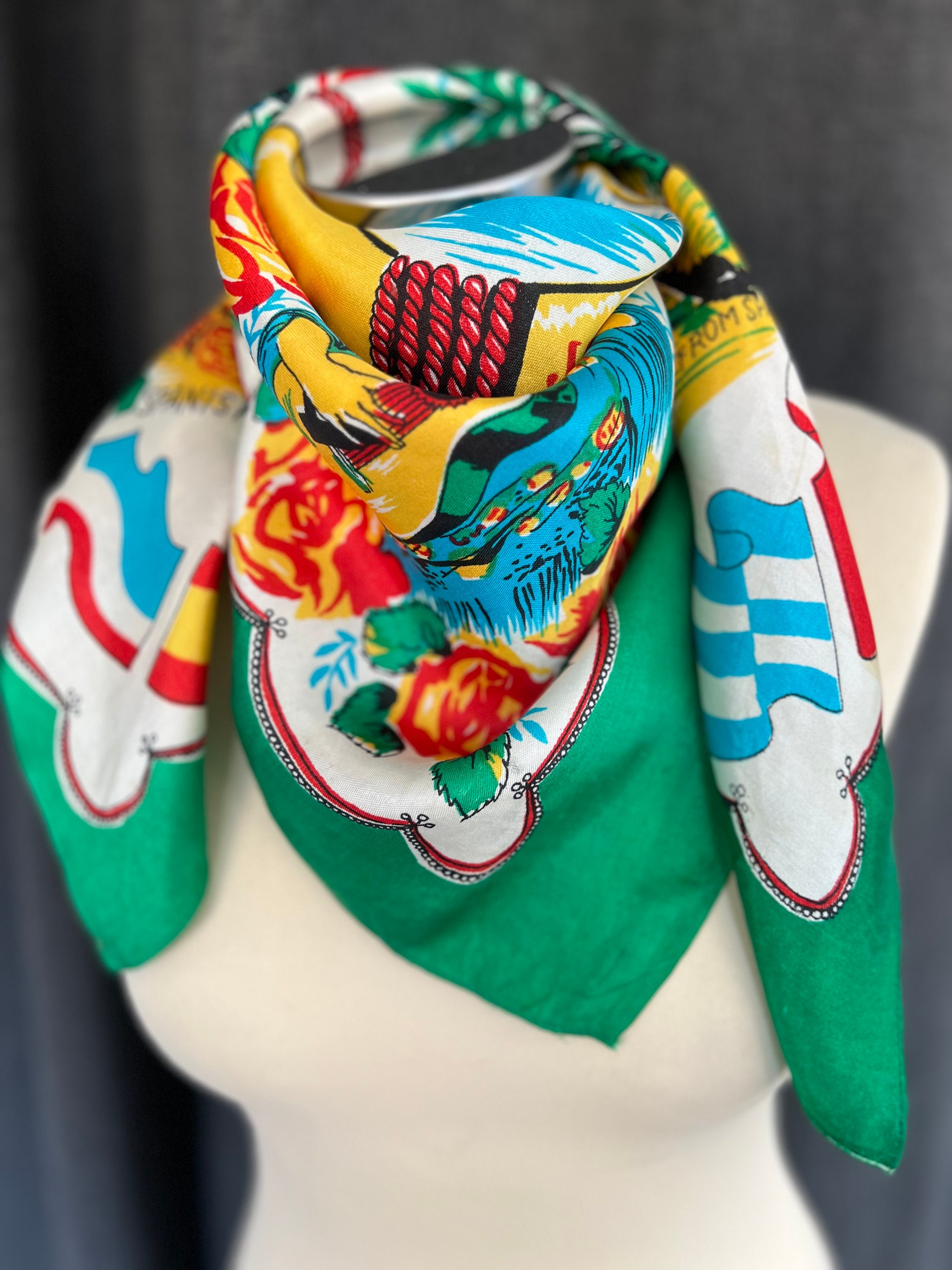 Foulard Rochas Authentique En Soie - Motif Géométrique Multicolore - Vintage - Occasion