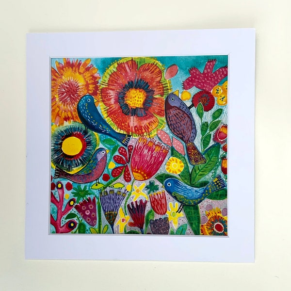 original art print flowers birds colourful pattern square