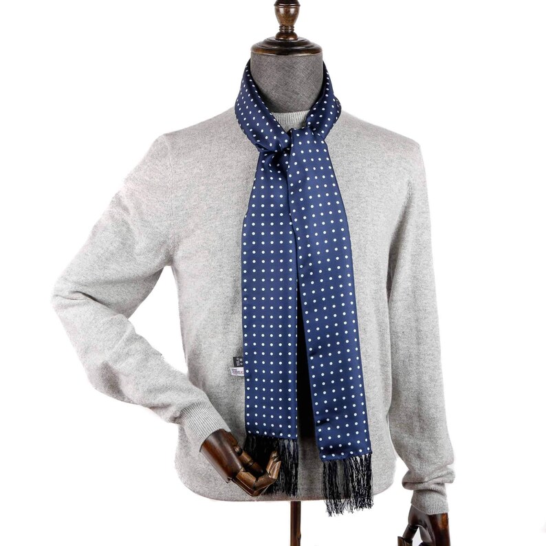Mens Luxurious Blue Polka Dot Silk Aviator Scarf The Etsy