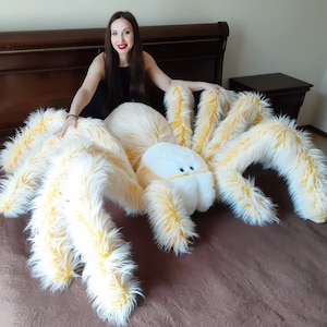 SOLD Spider Sleeping Plush - Yellow Base - Monster Home Decor Extra Large Plush Pillow Faux Fur Doll Witch Bedroom Decor Tarantula Art Doll