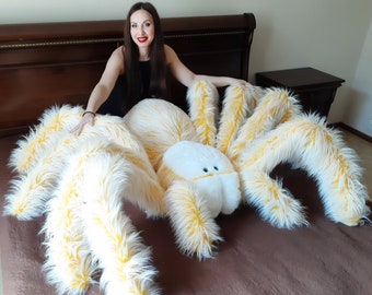 SOLD Spider Sleeping Plush - Yellow Base - Monster Home Decor Extra Large Plush Pillow Faux Fur Doll Witch Bedroom Decor Tarantula Art Doll