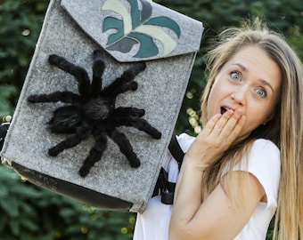 Black Spider Backpack Buddy, Creepy Cute Goth Plush for Witchy Vibes, Punkcore Gift, Alt Style or Oddcore Fashion Accessory, Unisex