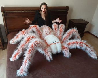 SOLD Spider Sleeping Plush - Orange Base - Monster Home Decor Extra Large Plush Pillow Faux Fur Doll Witch Bedroom Decor Tarantula Art Doll