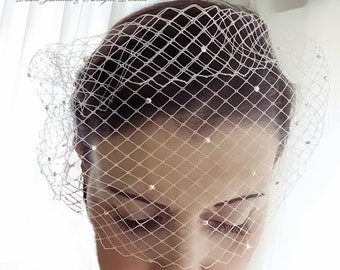 Bandeau Bridal Birdcage veil, Crystal Embellished Veil, Blusher veil, French/Russian Net Veil,White-Ivory-birdcage veil, GRACE veil