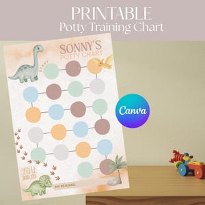 May include: Printable potty training chart with the text "SONNY'S POTTY CHART". The chart features dinosaur illustrations and colorful circles for tracking progress. The Canva logo is visible. A toy car is on a wooden surface.