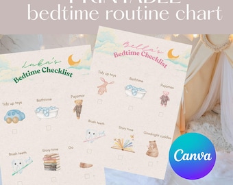 Toddler Bedtime Routine Chart | Kids Night Routine Checklist | Printable Canva Template | Child Routine Chart PDF Digital Download