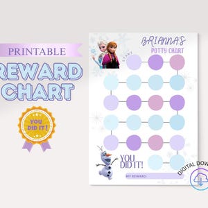 May include: A printable reward chart featuring the text "REWARD CHART" and "YOU DID IT!" in a playful font. The chart includes images of characters from the movie Frozen, with spaces for tracking progress. The chart is designed for potty training.