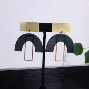 Non-pierced Black Clip on Brass Semi Circle Rectangle Boho Minimalist Summer Spring Gift Earrings Jewelry Bestie Gift Mother&#39;s Day Gift