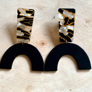 Acrylic Arch Earrings Mosaic Black Statement Elegant Jewelry Lightweight Geometric Shape Clip On Dangle Mother&#39;s Day Gift Bestie