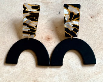 Acrylic Arch Earrings Mosaic Black Statement Elegant Jewelry Lightweight Geometric Shape Clip On Dangle Mother's Day Gift Bestie