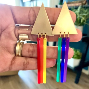 Rainbow Pride Earrings Statement Summer Spring Gift Earrings Colorful Dangle Triangle Clip-on Earrings Acrylic Brass Anniversary Gift image 1