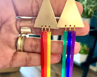 Rainbow Pride Earrings Statement Summer Spring Gift Earrings Colorful Dangle Triangle Clip-on Earrings Acrylic Brass Anniversary Gift