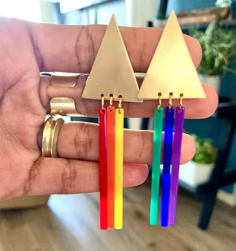Rainbow Pride Earrings Statement Summer Spring Gift Earrings Colorful Dangle Triangle Clip-on Earrings Acrylic Brass Anniversary Gift image 1