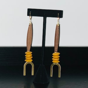 Brown Yellow African Glass Bead Clip on Earrings Lightweight Brass Boho Dangle Statement Anniversary gift her Summer Spring Earrings