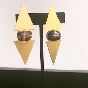 Brass Brown Clip On Non-pierced Earrings with African Bone Bead Geometric Statement Jewelry Mother&#39;s Day Gift Summer Spring Gift for her