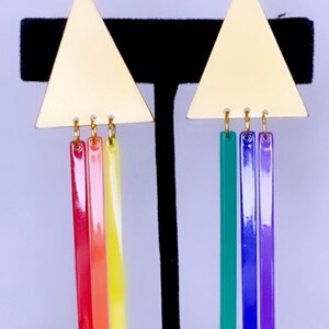 Rainbow Pride Earrings Statement Summer Spring Gift Earrings Colorful Dangle Triangle Clip-on Earrings Acrylic Brass Anniversary Gift image 2