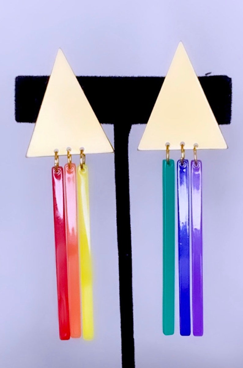 Rainbow Pride Earrings Statement Summer Spring Gift Earrings Colorful Dangle Triangle Clip-on Earrings Acrylic Brass Anniversary Gift image 2