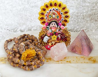 LAKSHMI'S LOVE & ABUNDANCE Kit With Rose Quartz, 108 Bead Natural Tulsi Mala and Rose Quartz Pyramid