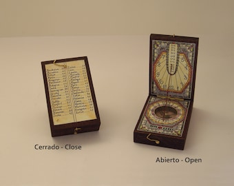 Wooden Sundial Diptych with Compass for Orientation. Reproduction of an 18th-century Florentine Clock. Astronomy Collection.