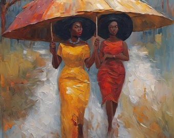 May include: Two women in yellow and red dresses walk under a large, brown and yellow umbrella. The women are wearing black hats and the background is a blurry, light blue and white.