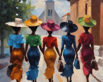 May include: Five women wearing colourful hats and dresses walk down a street in front of a church. The women are wearing blue, red, yellow, green, and white dresses. The hats are all different styles and colours.