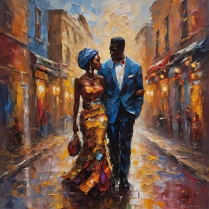 May include: A painting of a couple walking down a street at night. The woman is wearing a blue head wrap and a yellow dress. The man is wearing a blue suit. The street is lined with buildings and streetlights.