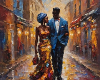 May include: A painting of a couple walking down a street at night. The woman is wearing a blue head wrap and a yellow dress. The man is wearing a blue suit. The street is lined with buildings and streetlights.