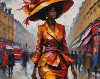 May include: A woman in a yellow and orange jacket and a large yellow hat walks down a city street. She is carrying a brown handbag.