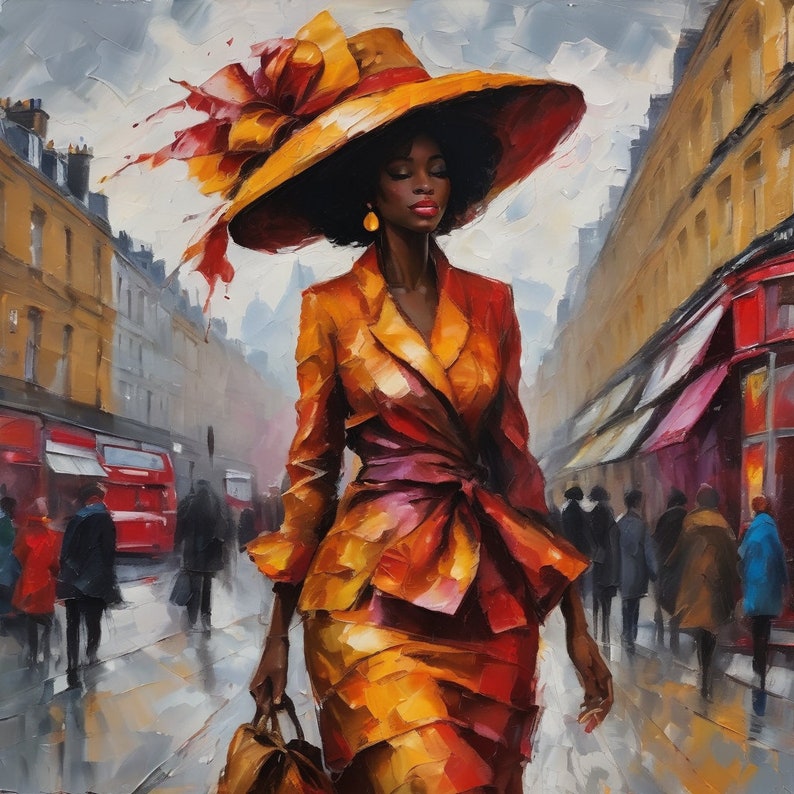 May include: A woman in a yellow and orange jacket and a large yellow hat walks down a city street. She is carrying a brown handbag.