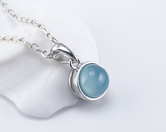 Natural blue chalcedony cabochon necklace, silver chain and pendant, minimalist jewelry for women.
